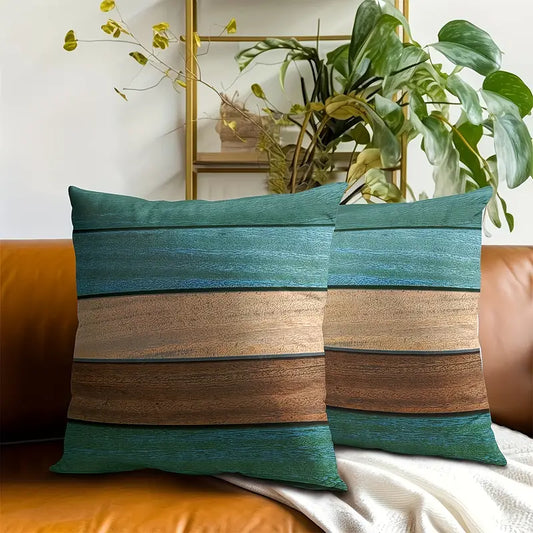 Lot de 2 housses de coussin contemporaines – Motif grain de bois bleu sarcelle et marron