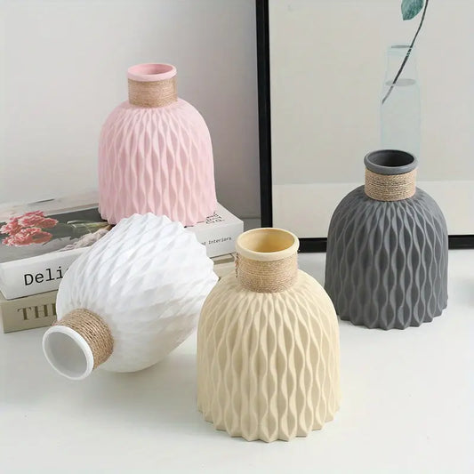 Elegant Morandi-Inspired Water Ripple Vase - Durable Plastic, Non-Slip Hemp Rope Design