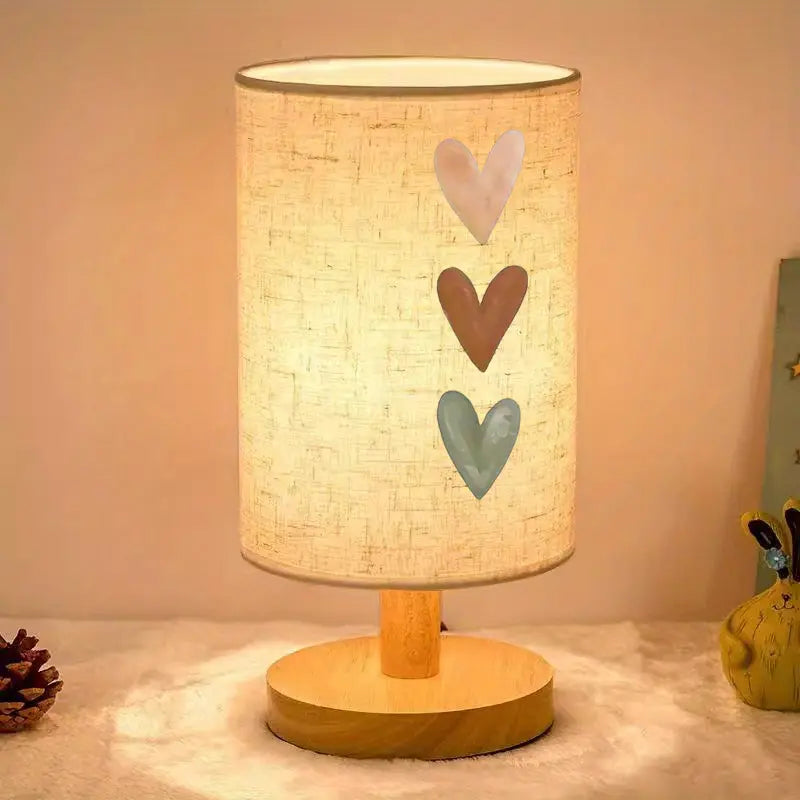 Heart Print Bedside Lamp - LED, USB Powered, Fabric Shade