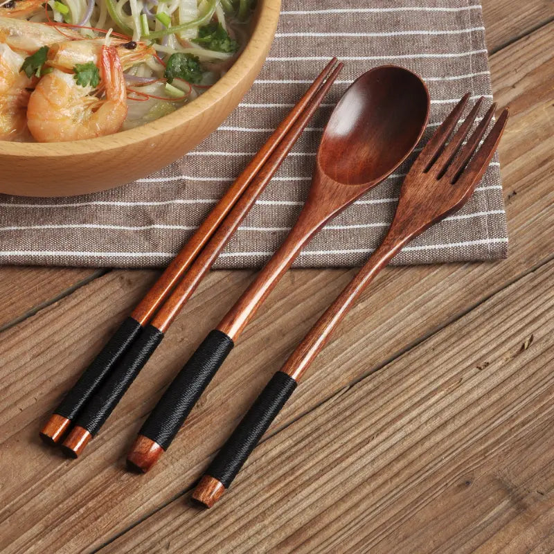 Elegante 3-delige handgemaakte houten dinerset met lepel, eetstokjes en vork