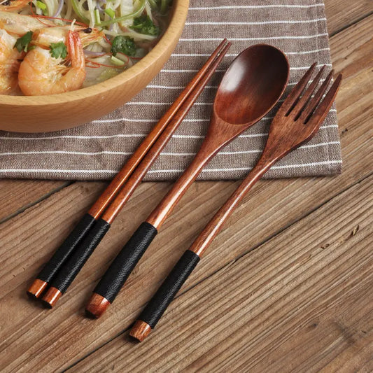 Elegant 3pcs Handmade Wooden Dinner Set with Spoon, Chopsticks & Fork