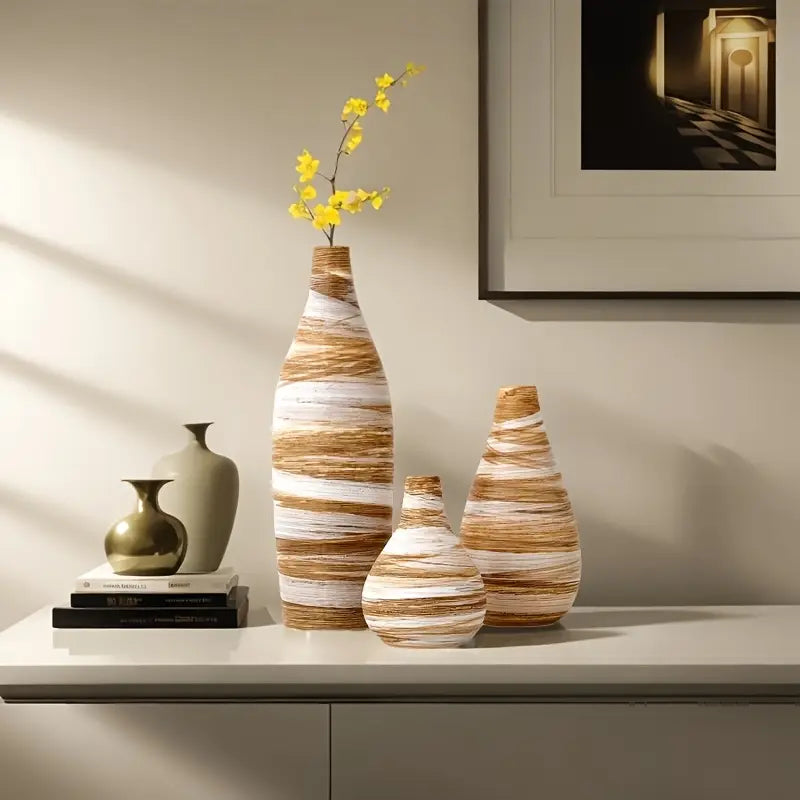 Rustic Ceramic Vase Set - Handcrafted Striped Bud Vases for Home Decor