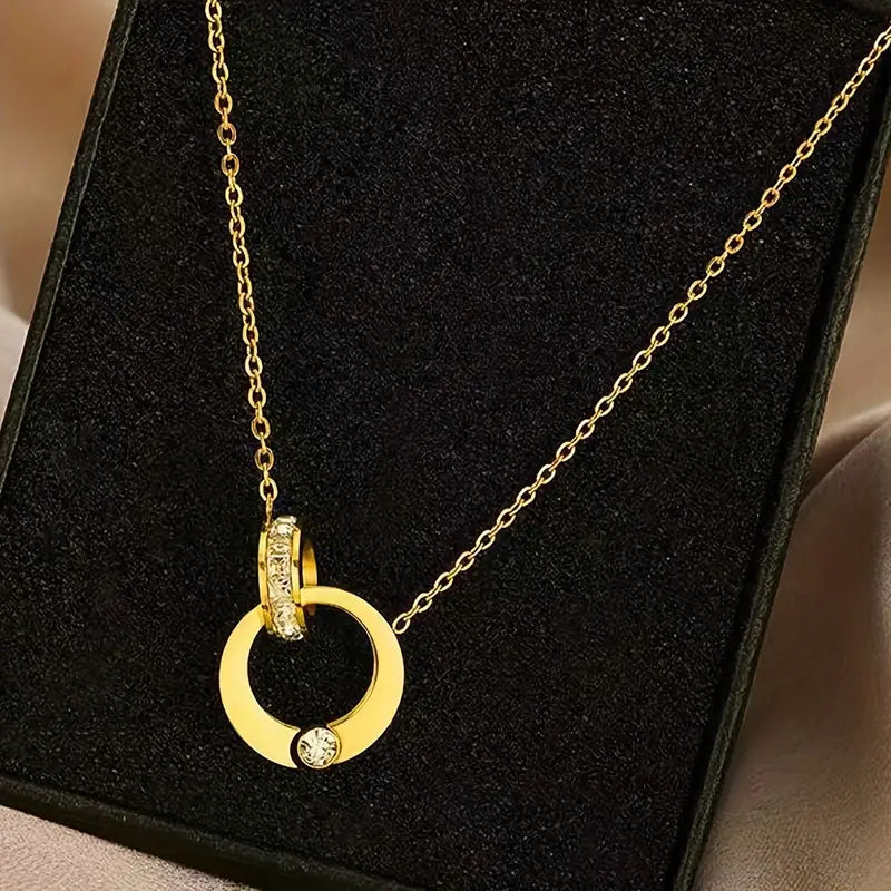 18K Gold Zircon Pendant Necklace - Stainless Steel Crystal