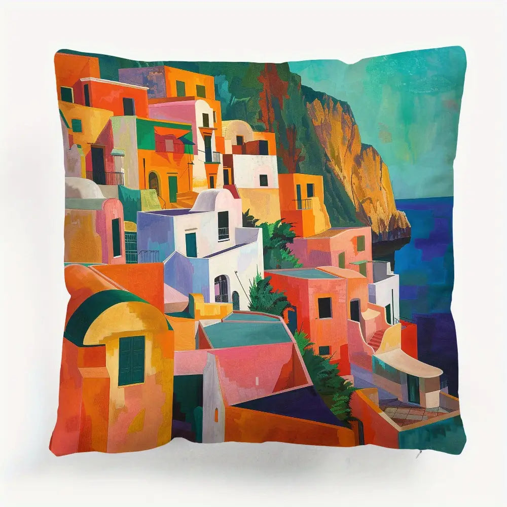 1pc Seaside Town Sunset Design Retro Oil Painting Style Cushion Cover 45cm x 45cm