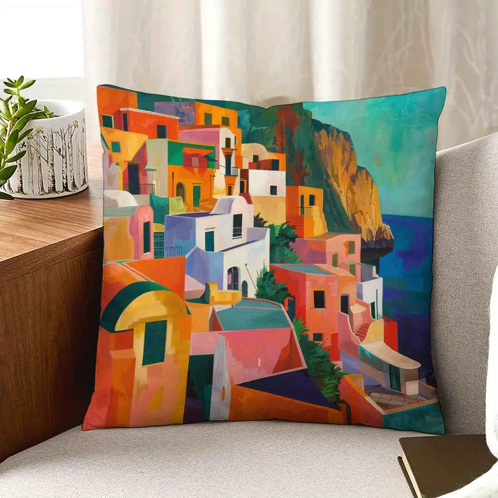 1pc Seaside Town Sunset Design Retro Oil Painting Style Cushion Cover 45cm x 45cm