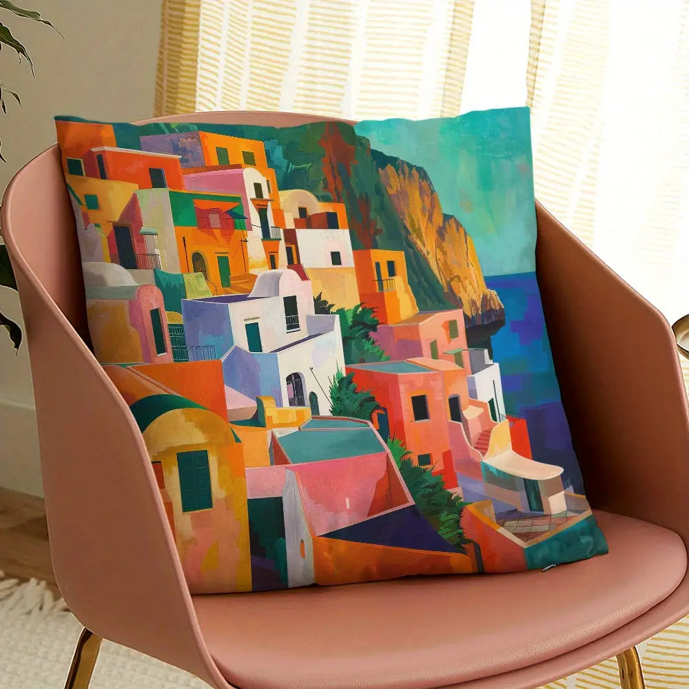 1pc Seaside Town Sunset Design Retro Oil Painting Style Cushion Cover 45cm x 45cm
