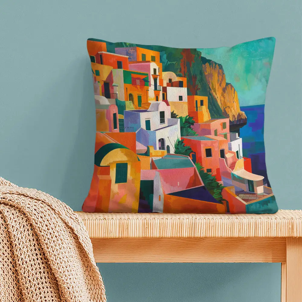 1pc Seaside Town Sunset Design Retro Oil Painting Style Cushion Cover 45cm x 45cm