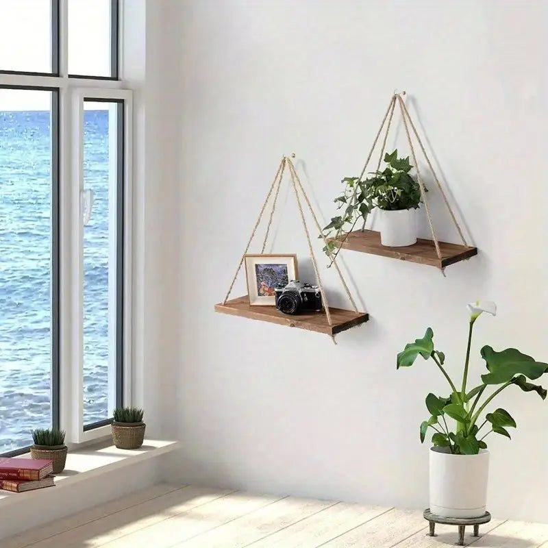1pc Wooden Swing Hanging Hemp Rope Wall Shelf