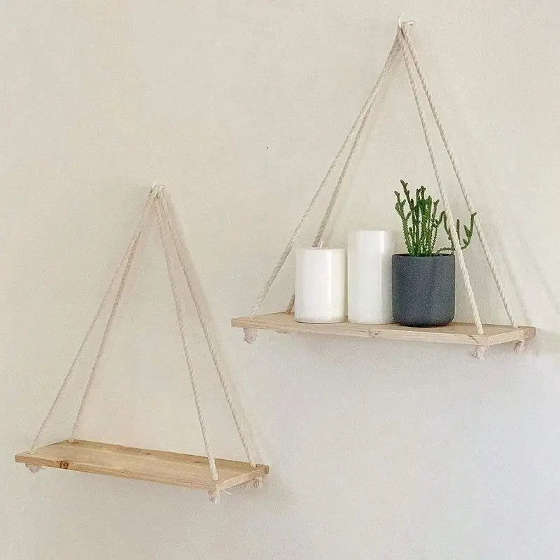 1pc Wooden Swing Hanging Hemp Rope Wall Shelf