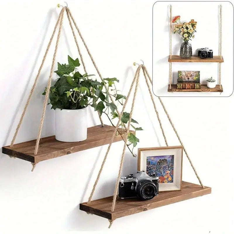 1pc Wooden Swing Hanging Hemp Rope Wall Shelf
