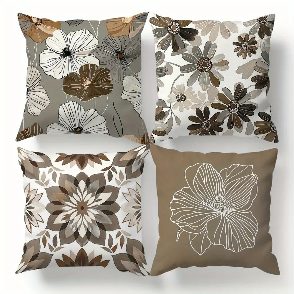 Lot de 4 housses de coussin à motifs floraux géométriques, 45 x 45 cm