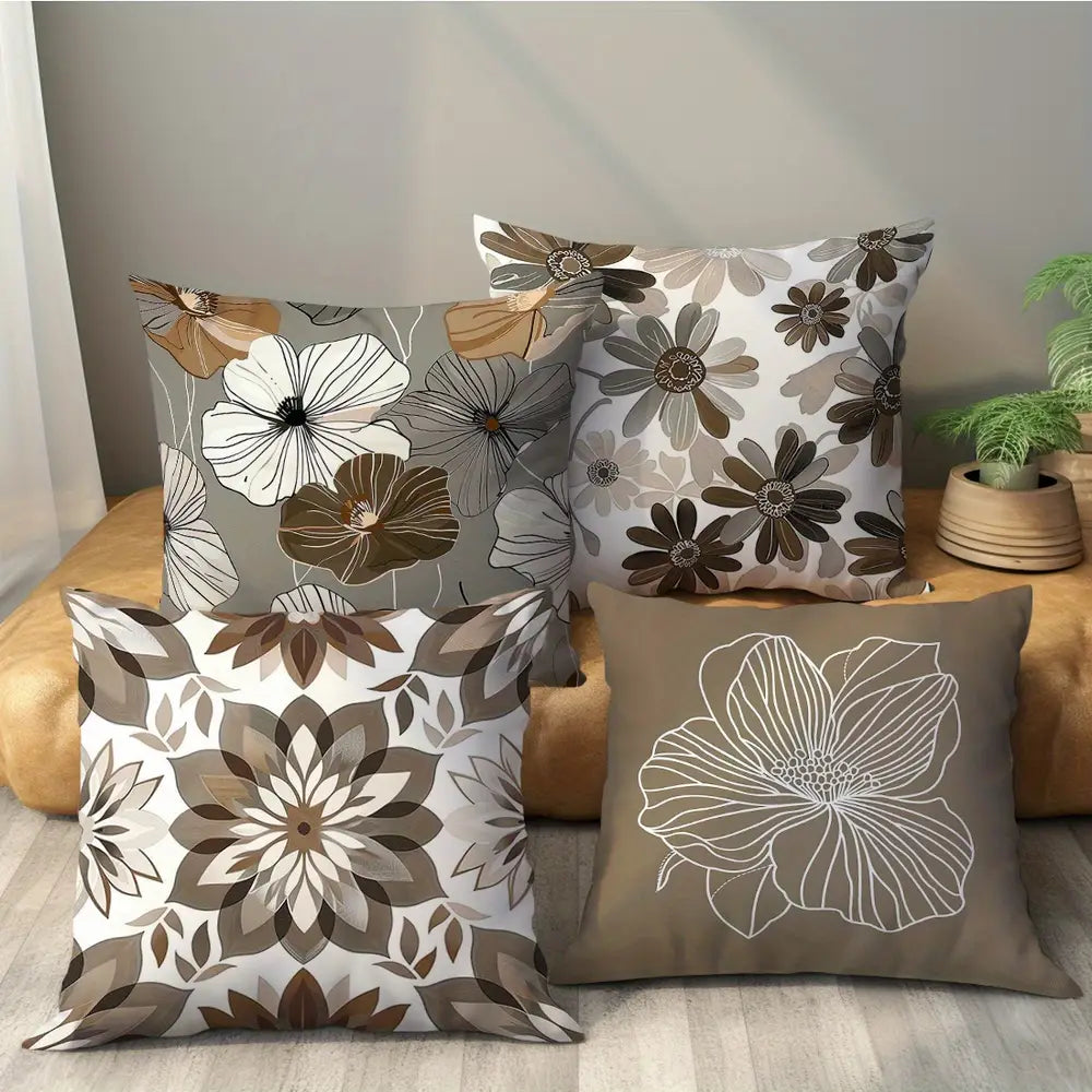 Lot de 4 housses de coussin à motifs floraux géométriques, 45 x 45 cm