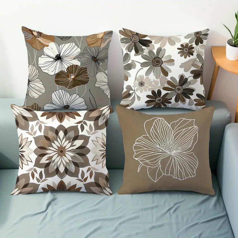 Lot de 4 housses de coussin à motifs floraux géométriques, 45 x 45 cm