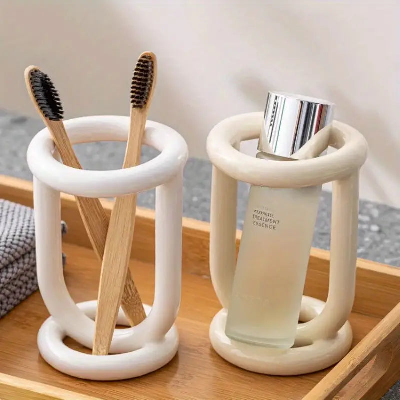 Ceramic Toothbrush Holder - Freestanding Organizer Toothpaste Brush Storage