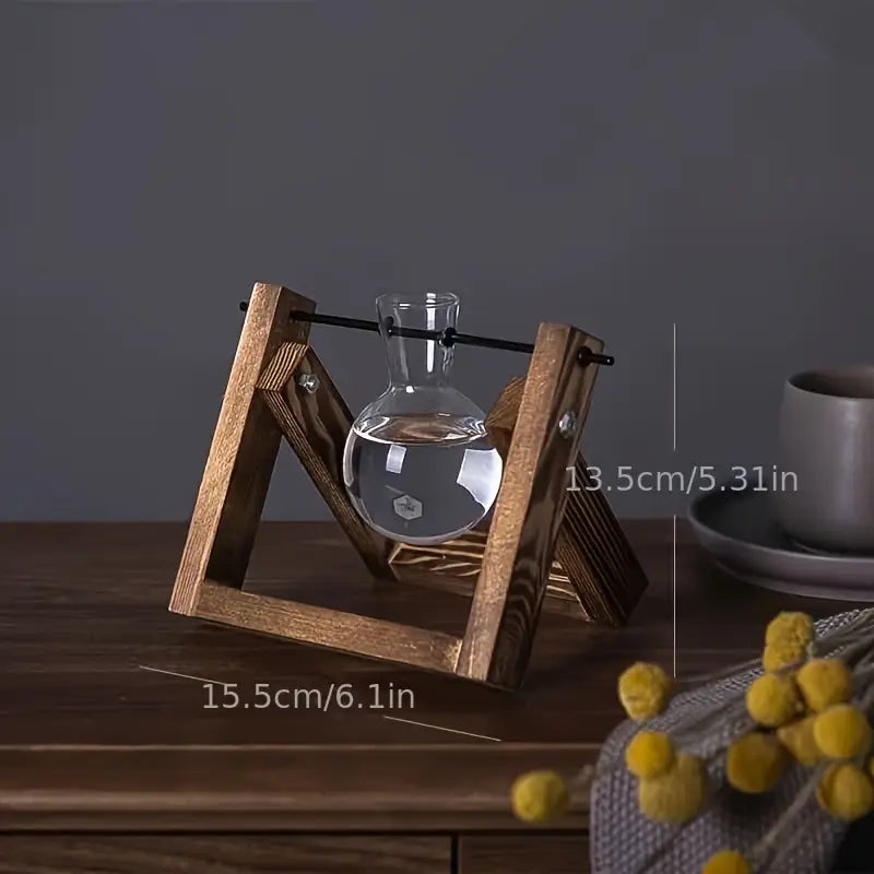 1pc Elegant Hydroponic Glass Vase with Wooden Frame - 13.46cm