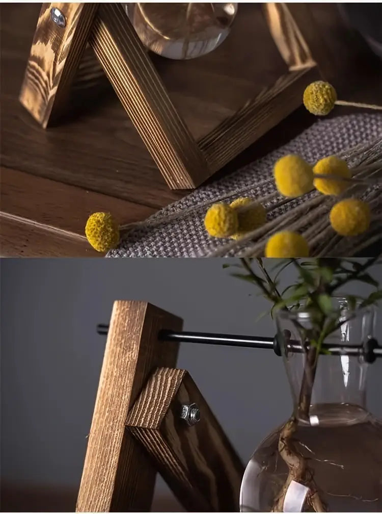 1pc Elegant Hydroponic Glass Vase with Wooden Frame - 13.46cm