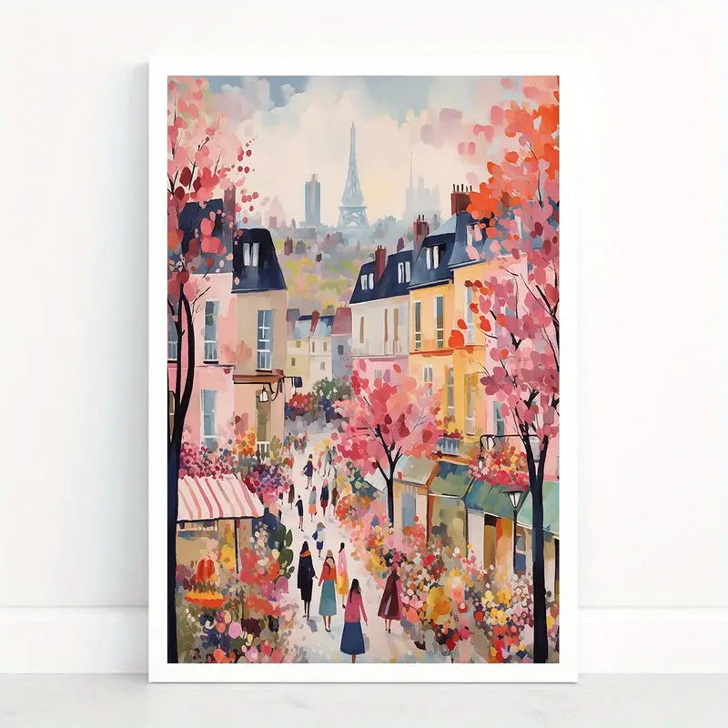 Abstract stadsgezicht van Parijs - Inktkunstprint - Frameloze muurdecoratie met lentethema