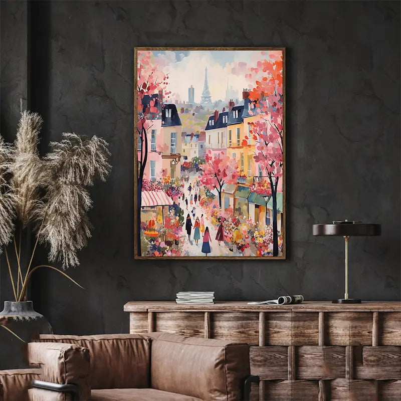 Abstract stadsgezicht van Parijs - Inktkunstprint - Frameloze muurdecoratie met lentethema