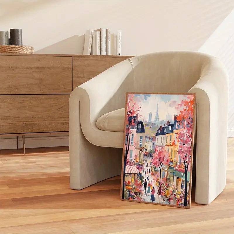 Abstract stadsgezicht van Parijs - Inktkunstprint - Frameloze muurdecoratie met lentethema