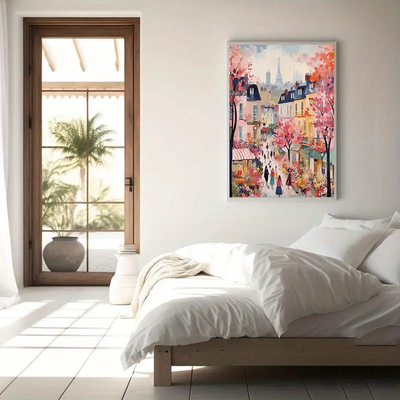 Abstract stadsgezicht van Parijs - Inktkunstprint - Frameloze muurdecoratie met lentethema
