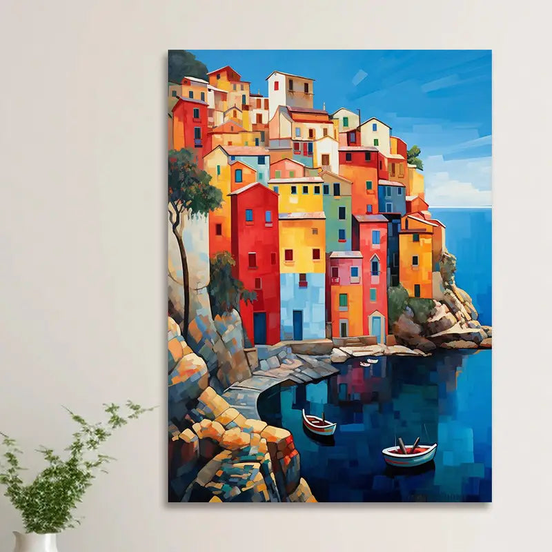 Canvaskunst van Lakeside Village - Prachtige print van boot en landschap voor thuisdecoratie