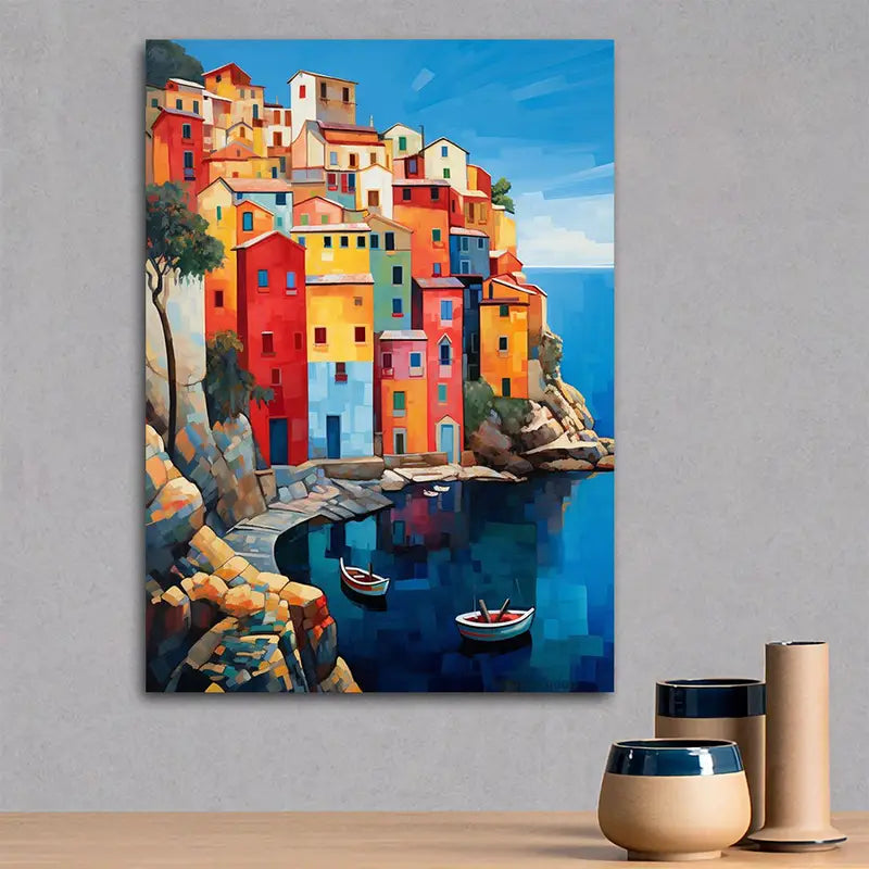 Canvaskunst van Lakeside Village - Prachtige print van boot en landschap voor thuisdecoratie