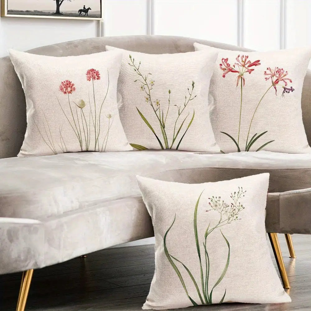 4pcs Contemporary Floral Linen Pillowcases 44.96cm x 44.96cm
