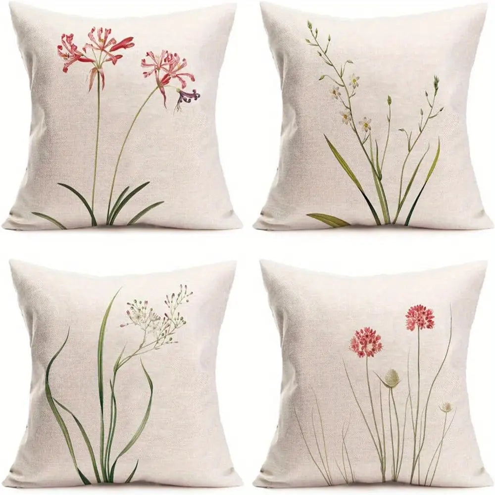 4pcs Contemporary Floral Linen Pillowcases 44.96cm x 44.96cm