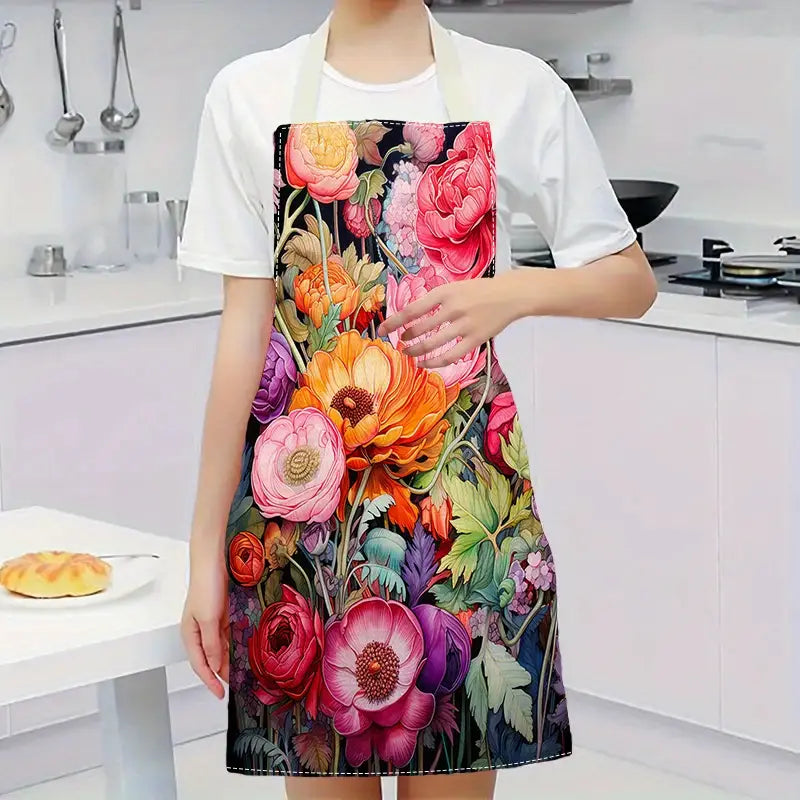 1pc Floral Print Linen Apron Oil & Stain Resistant