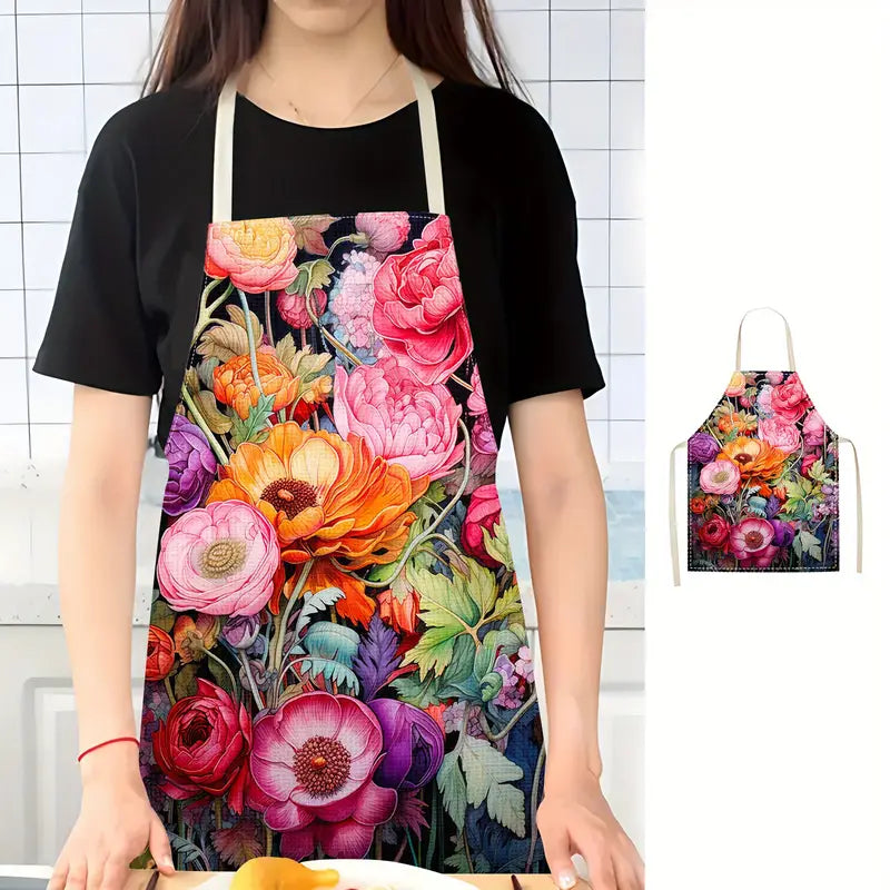 1pc Floral Print Linen Apron Oil & Stain Resistant