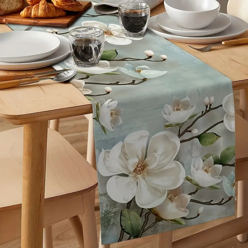 Elegant Watercolor Magnolia Table Runner