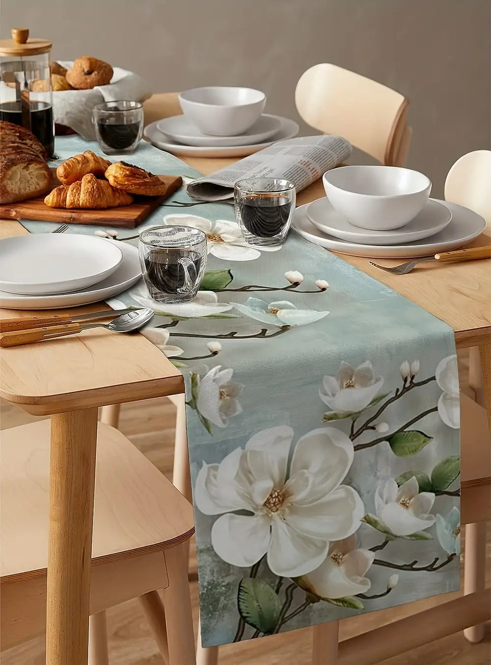 Elegant Watercolor Magnolia Table Runner