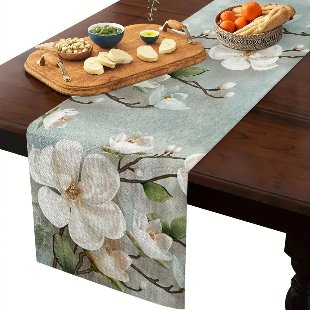 Elegant Watercolor Magnolia Table Runner