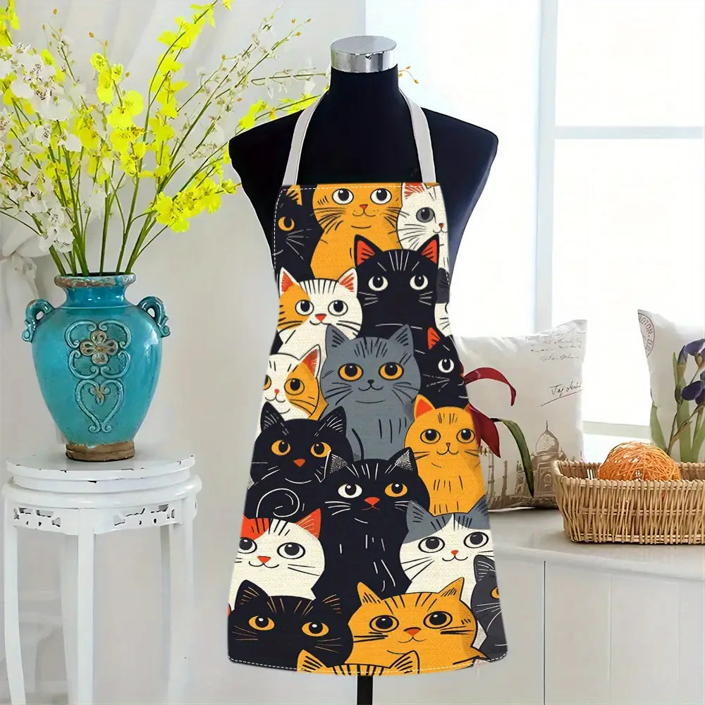 1PC Linen Fabric Cartoon Cat Design Apron