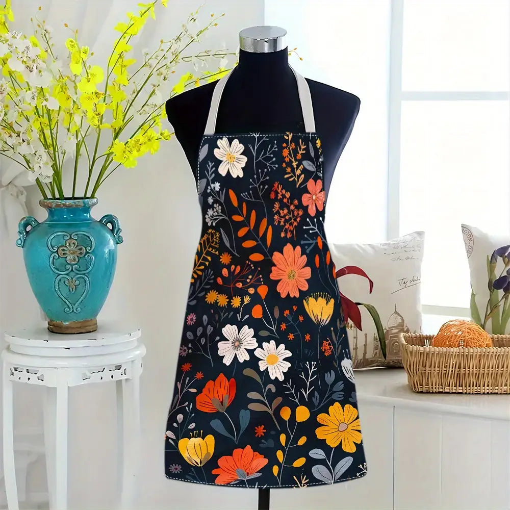 Floral Linen Apron with Pocket, Adjustable Neck Strap