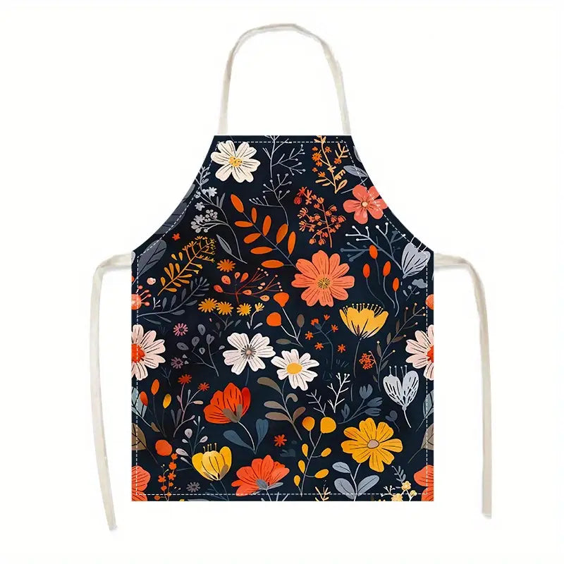 Floral Linen Apron with Pocket, Adjustable Neck Strap