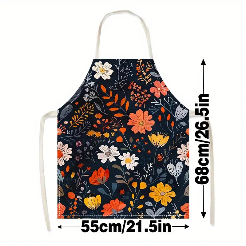 Floral Linen Apron with Pocket, Adjustable Neck Strap