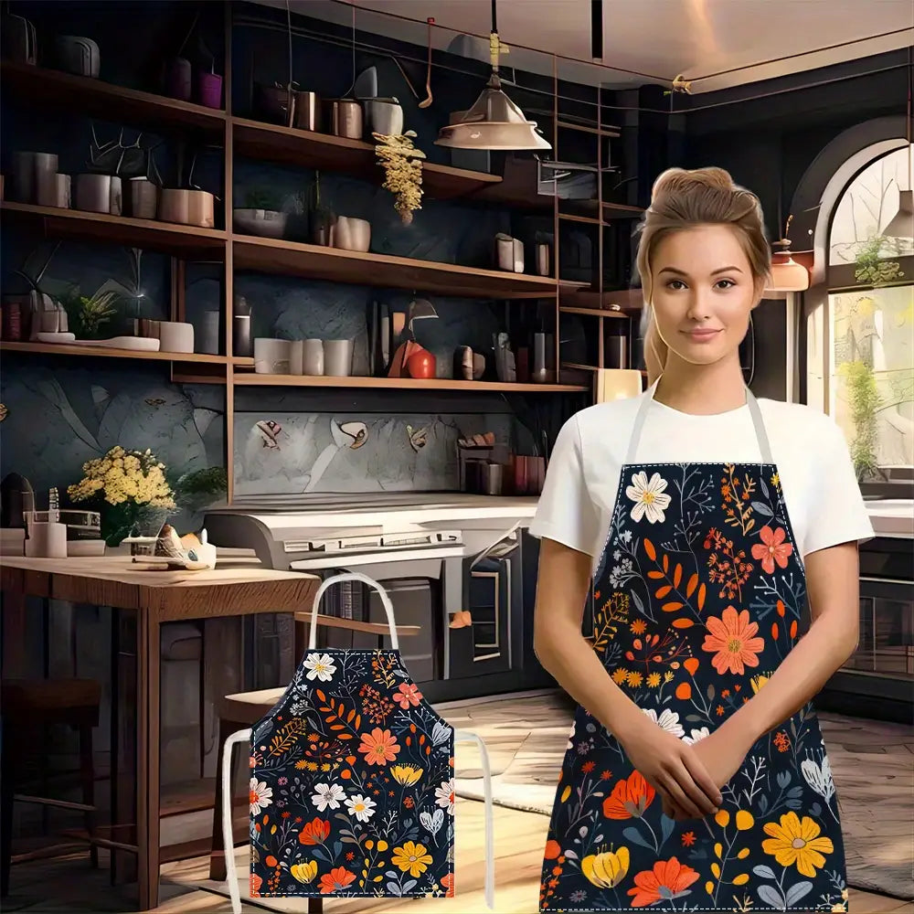 Floral Linen Apron with Pocket, Adjustable Neck Strap