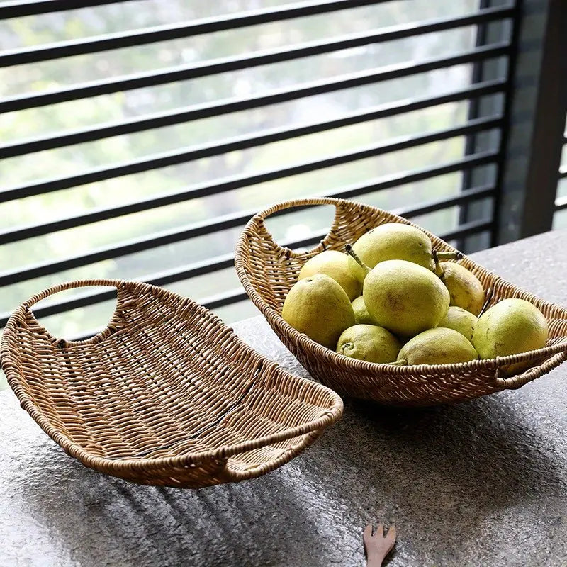 Plastic Rattan Fruit & Snack Tray – Decorative Coffee Table Organizer