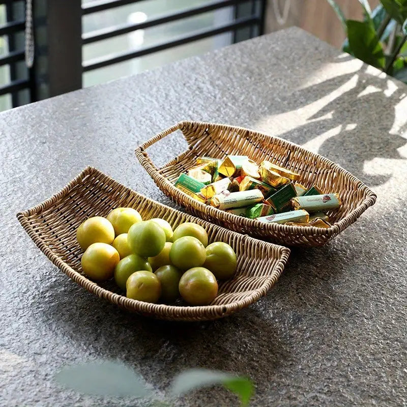 Plastic Rattan Fruit & Snack Tray – Decorative Coffee Table Organizer