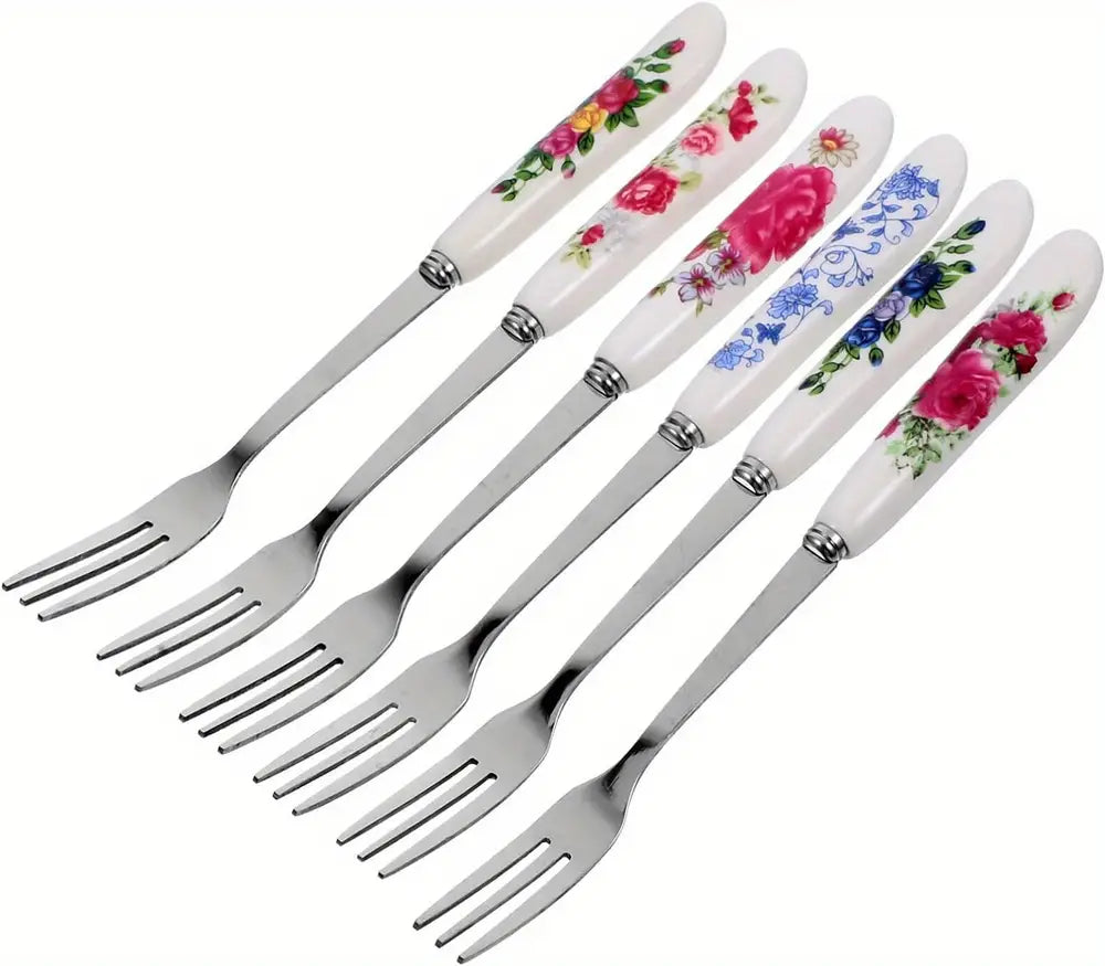 6pcs Set of Stainless Steel Dinner Forks with Ceramic Handles