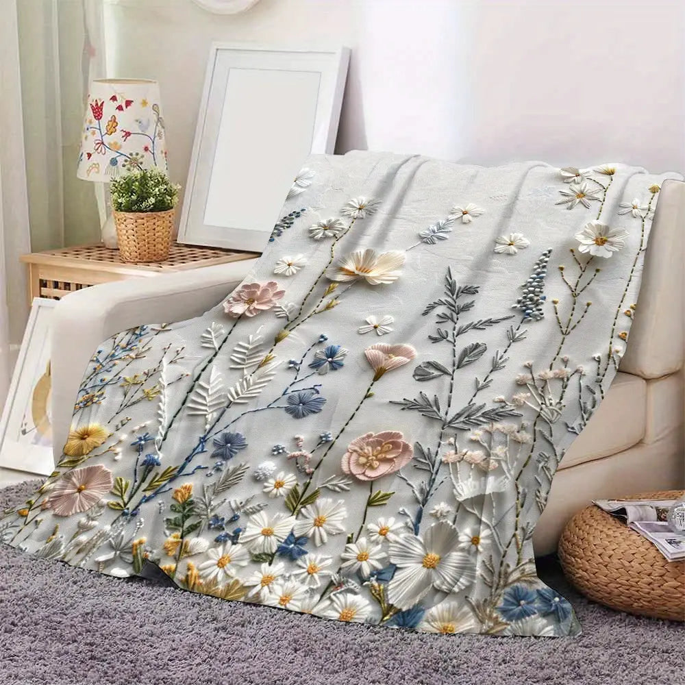 Floral Digital Print Flannel Throw Blanket - All-Season, Woven Polyester, Contemporary Style