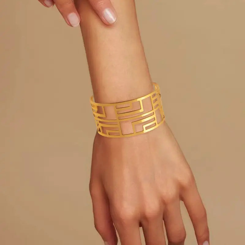 Geometric Cuff Bracelet with Leather Straps – Fashionable Jewelry for Women