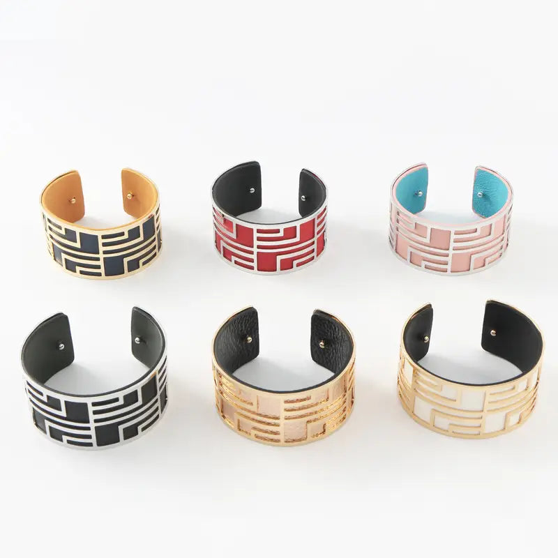 Geometric Cuff Bracelet with Leather Straps – Fashionable Jewelry for Women