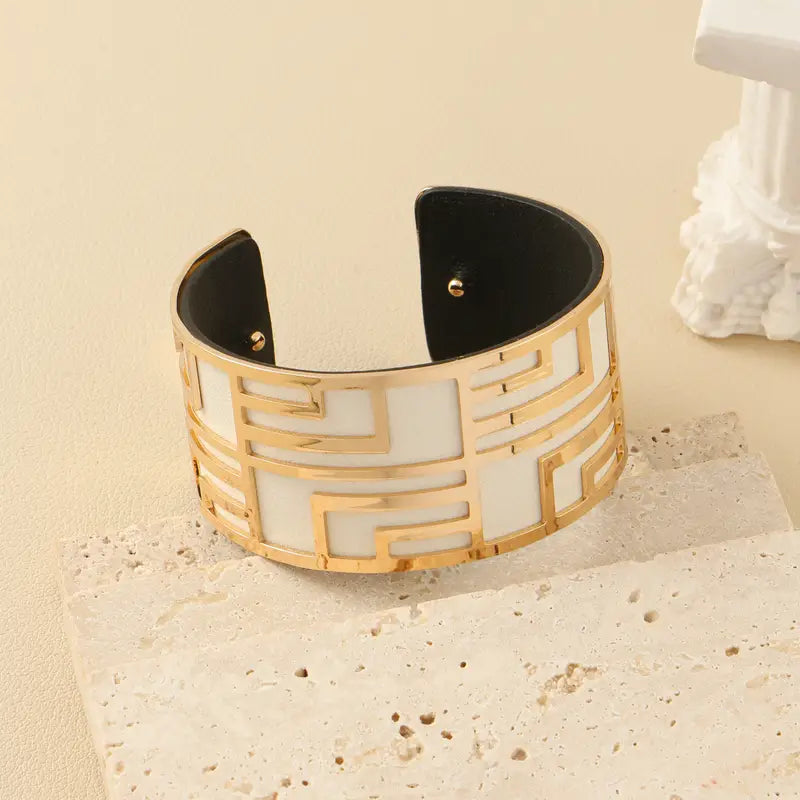 Geometric Cuff Bracelet with Leather Straps – Fashionable Jewelry for Women
