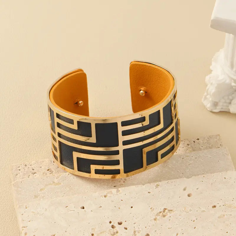 Geometric Cuff Bracelet with Leather Straps – Fashionable Jewelry for Women