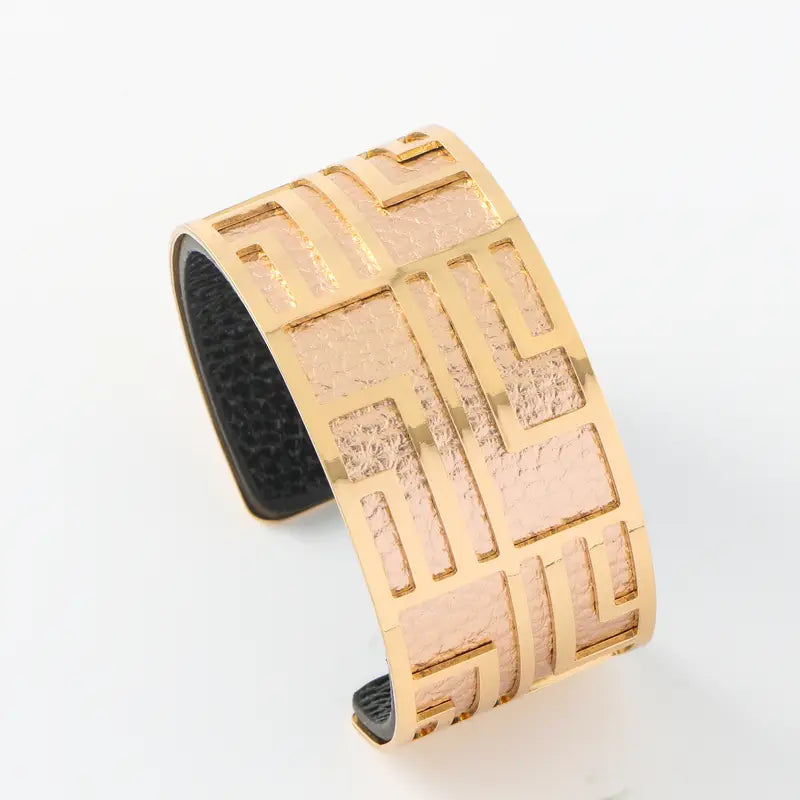 Geometric Cuff Bracelet with Leather Straps – Fashionable Jewelry for Women