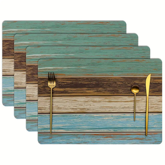 Set of 4 Woven Place Mats, Blue Green Wood Grain Design