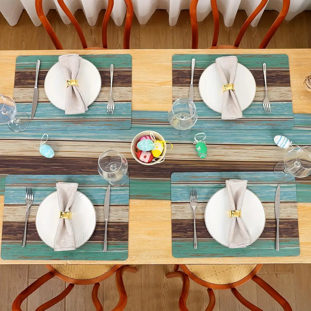 Set of 4 Woven Place Mats, Blue Green Wood Grain Design