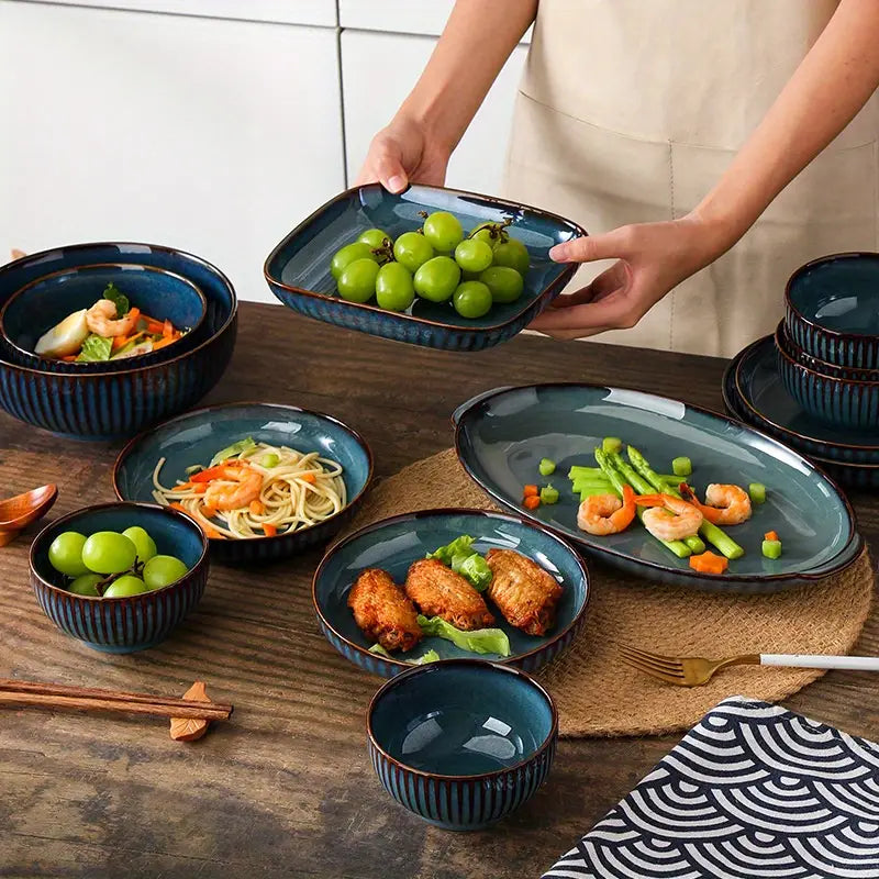 Vintage Blue Ceramic Plate Set: Includes a Round Platter, a Deep Bowl, and a Shallow Bowl